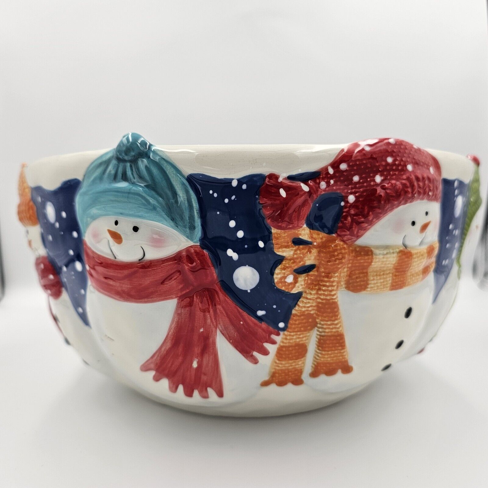 Holiday, Winter, 10 inch Decorative Serving Bowl, Happy Snowman Pattern