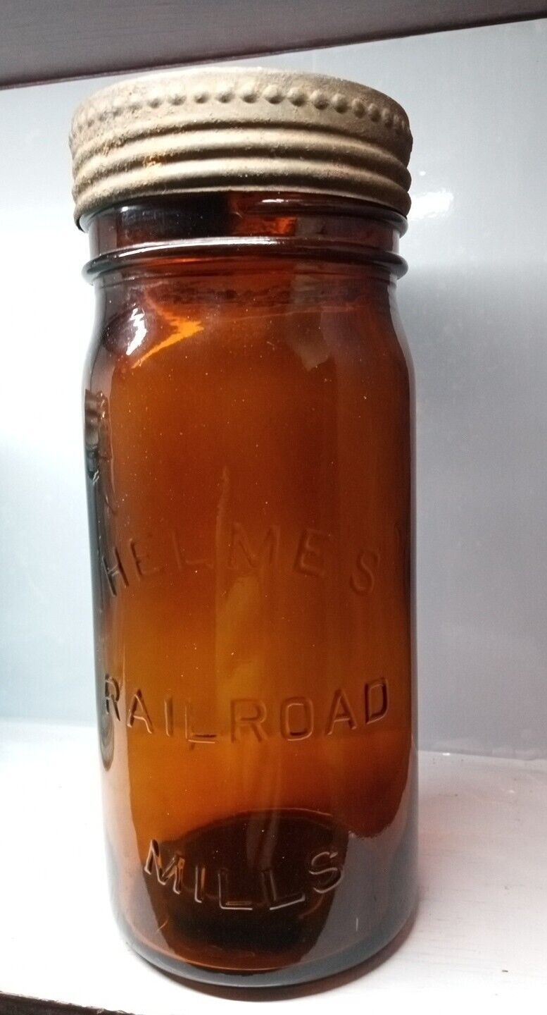 Helme\'s Railroad Mills Amber With LID & BAND Antique Fruit Canning Mason Jar