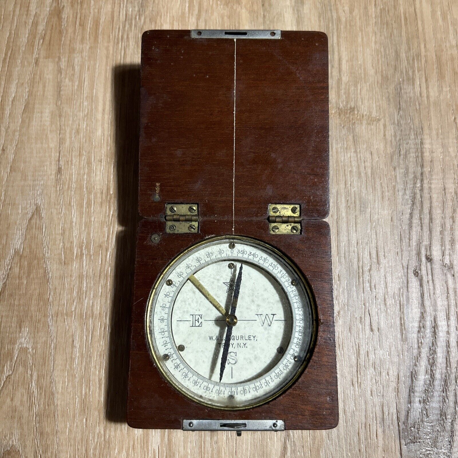 Vintage W & L.E. GURLEY Compass In Wood Case Box Engineer Surveyor TROY N.Y.