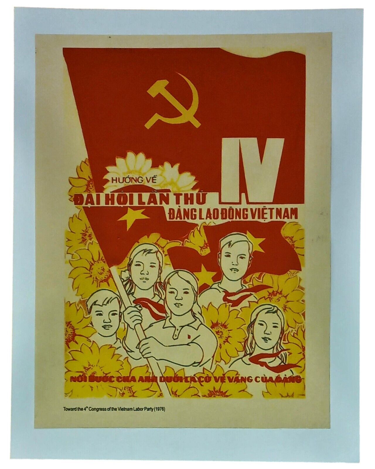 Vietnam War Poster Propaganda Students Wave Flag 4th Communist Party Anniversary