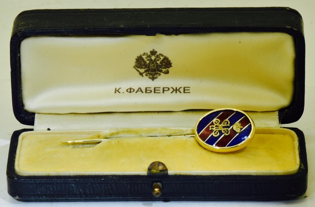 Antique Imperial Faberge Lapel Pin14k Gold Enamel-Officers Award-King's Monogram