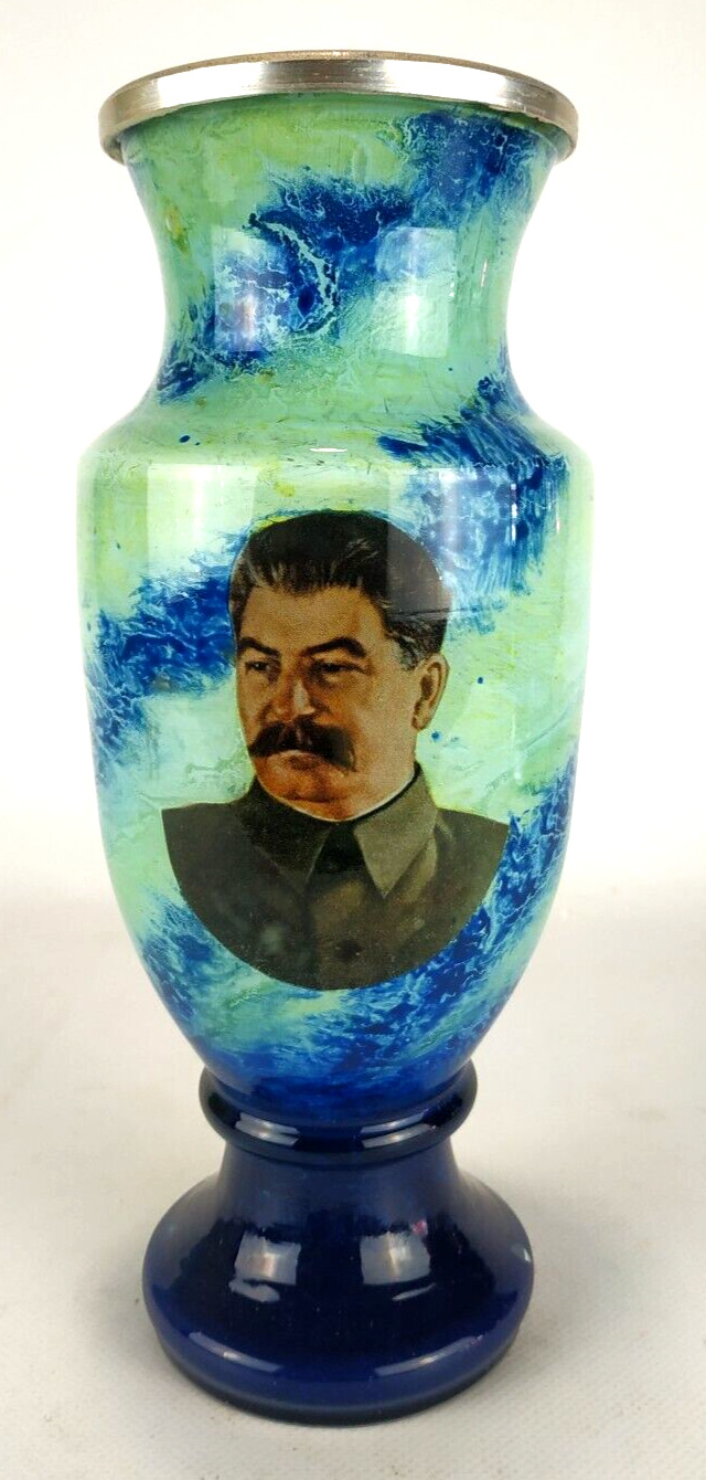STALIN RARE Large Soviet Vase USSR 1930s glass, metal, painting, decal