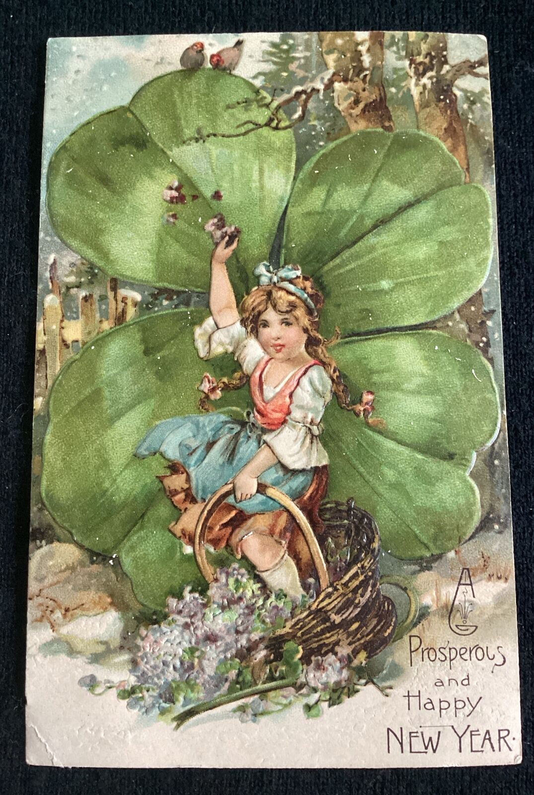 Vintage PFB Postcard Little Girl Four Leaf Clover New Year Embossed Birds