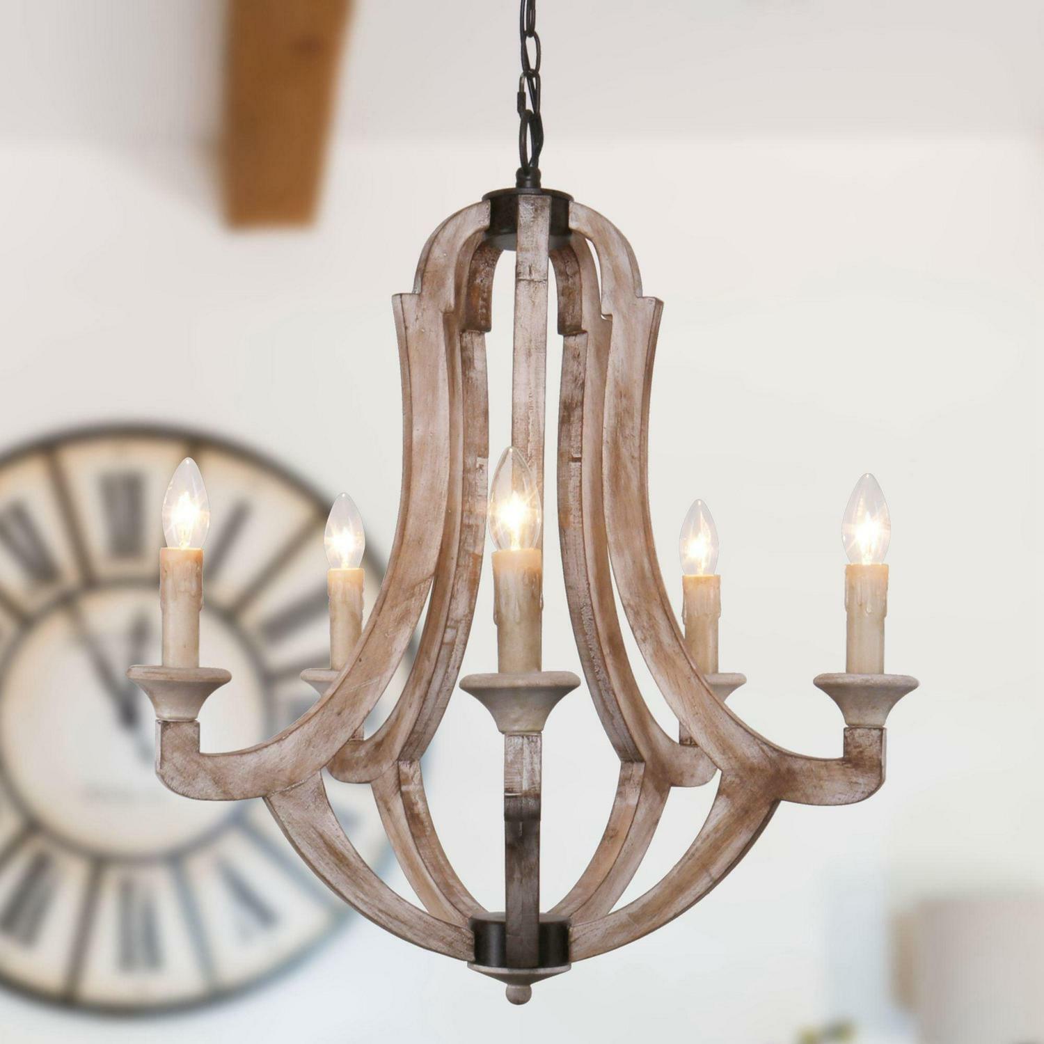 Distressed White 5-Light Wooden Candle Chandelier