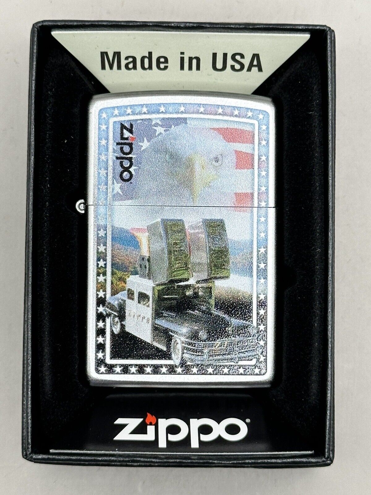 Rare Iconic Americana Zippo Car Satin Chrome Zippo Lighter NEW