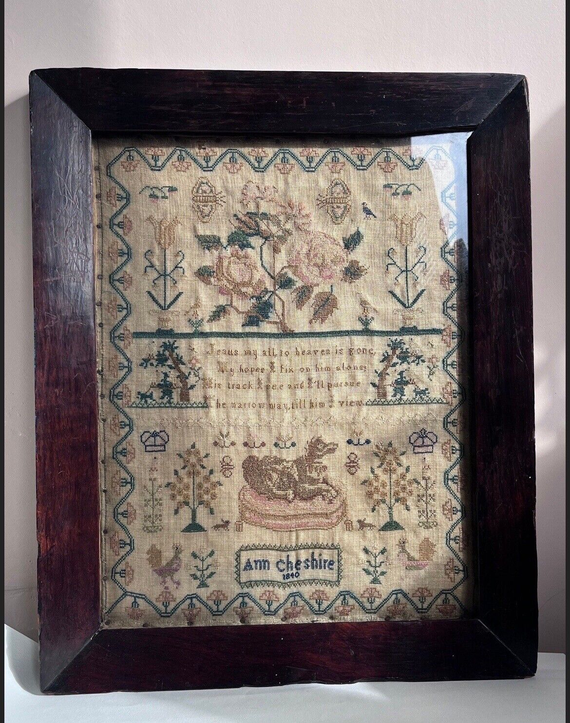Antique Victorian Framed Needlework Sampler By Ann Cheshire Dated 1840.