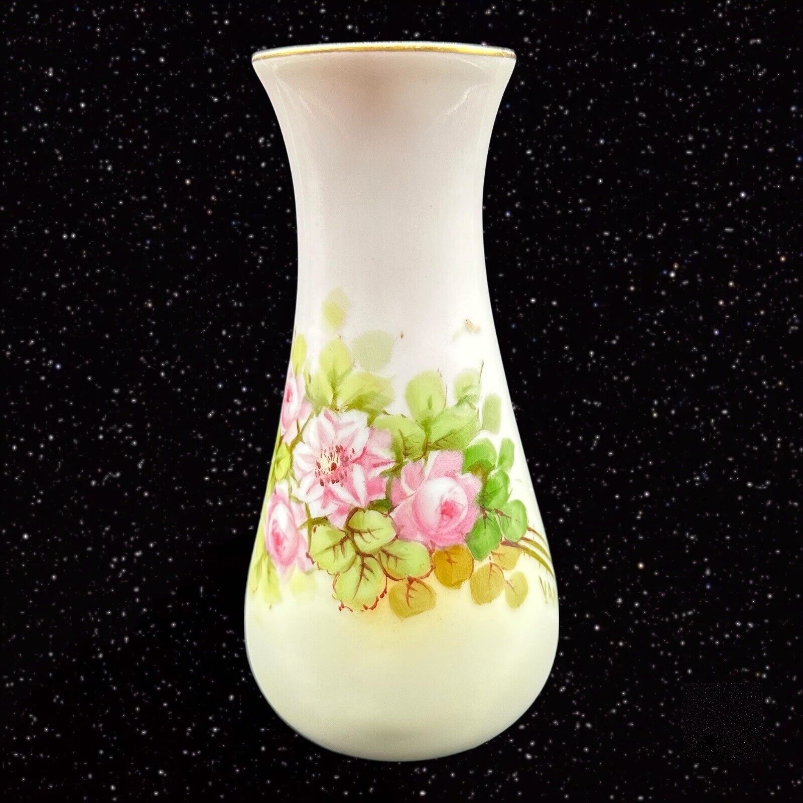 Vintage Hand Painted Porcelain Vase Signed Van Pink Flowers Gold Gilded 6”T 2”W