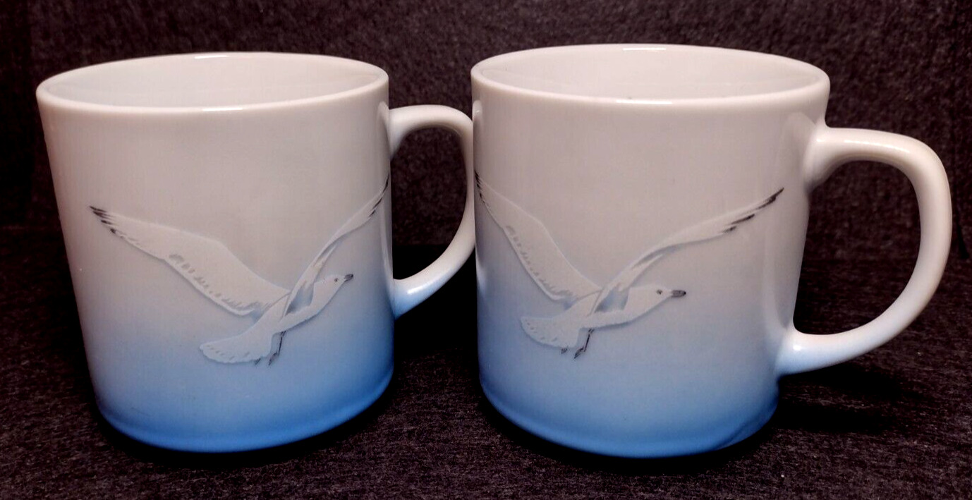 Smith Western Blue Glaze Dipped Stoneware Coffee Mugs w/Seagulls ~ Vintage Japan