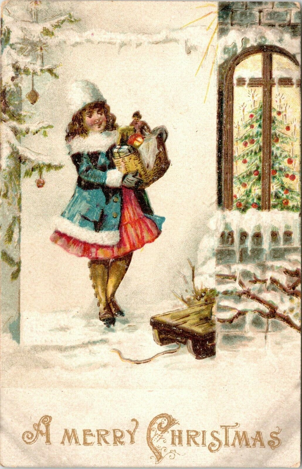 C.1910s Merry Christmas Adorable Girl Child W Toy Basket Postcard  A117