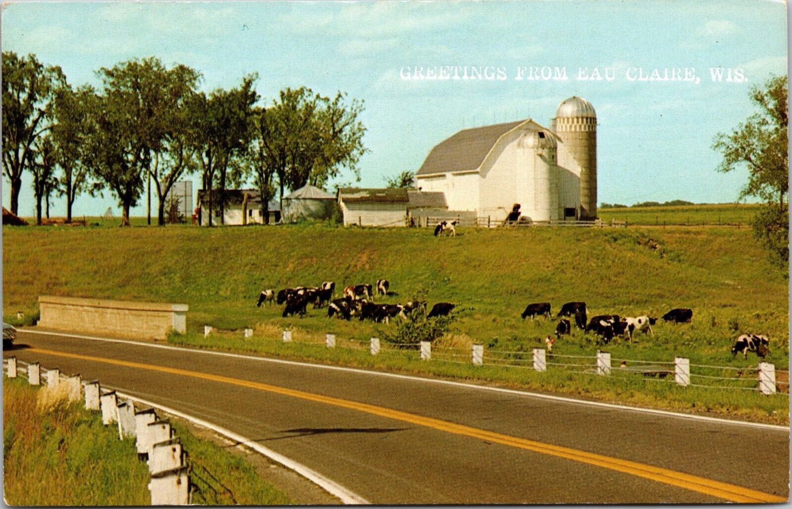 Eau Claire WI Dairy Farm Barn Silos Holstein Cows Grazing Road Chrome Postcard 