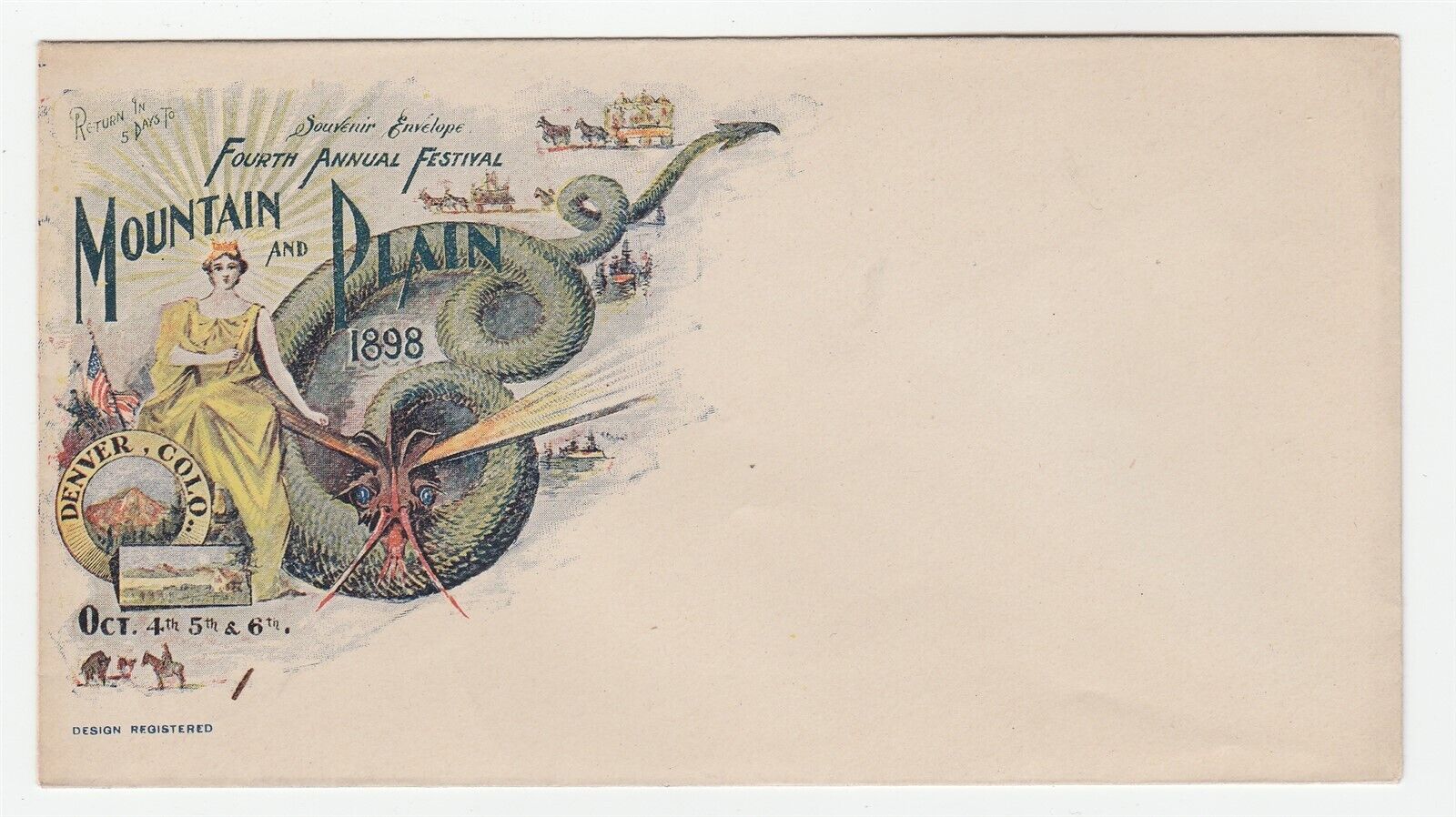 1898 Festival of Mountain and Plain illustrated souvenir envelope, Denver CO