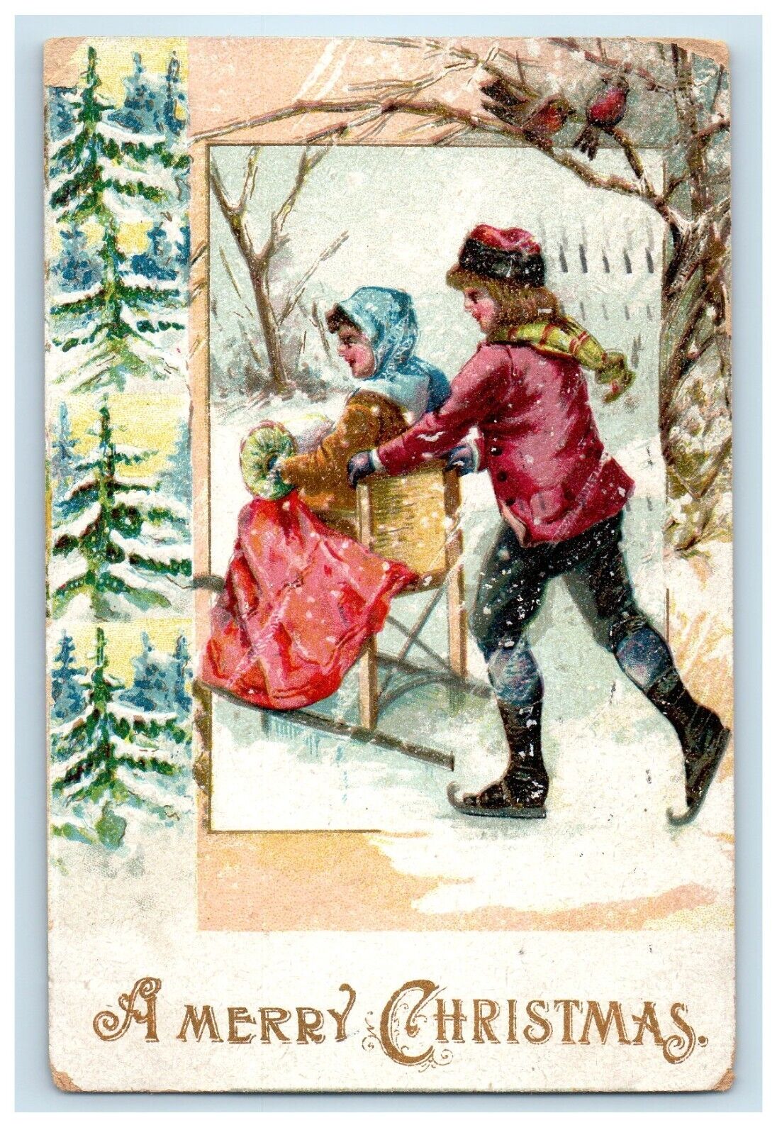 1909 Merry Christmas Girl And Boy Chair Sleigh Winter Snow  Embossed Postcard