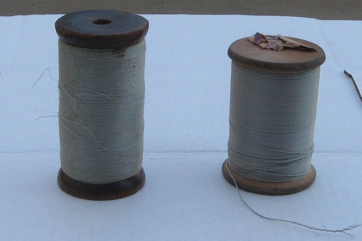 2 Large Vintage Industrial Wood Spools with Thread