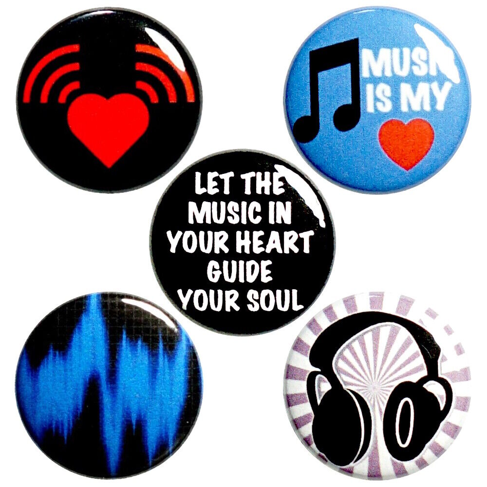 Music 5 Pack Buttons Backpack Pins Heart Heartbeat Music Lover Gift Set 1\