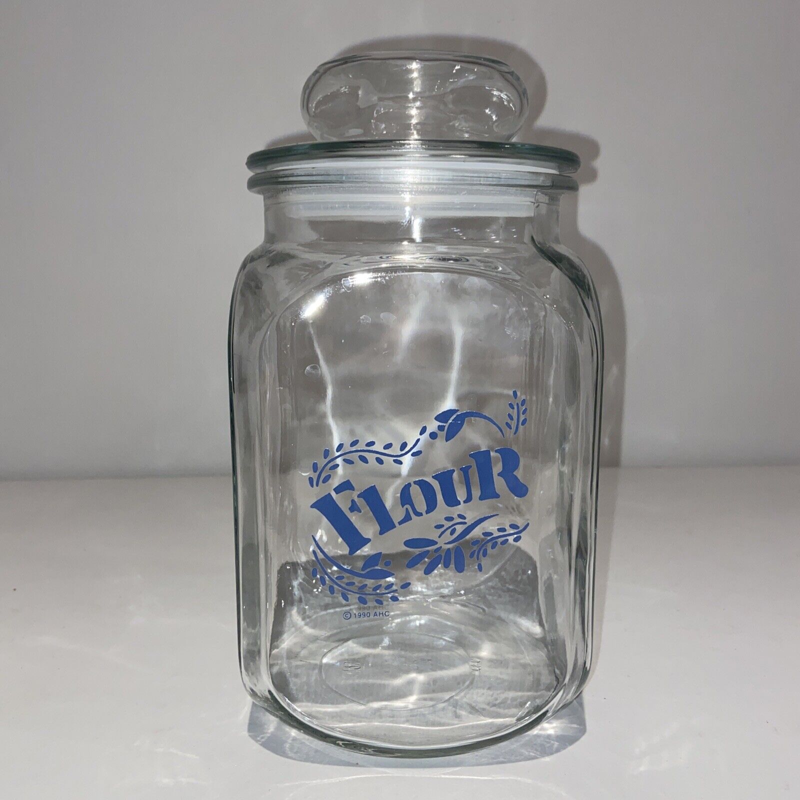 Vintage 1990 Anchor Hocking Clear Glass Blue Lettering Flour Cannister