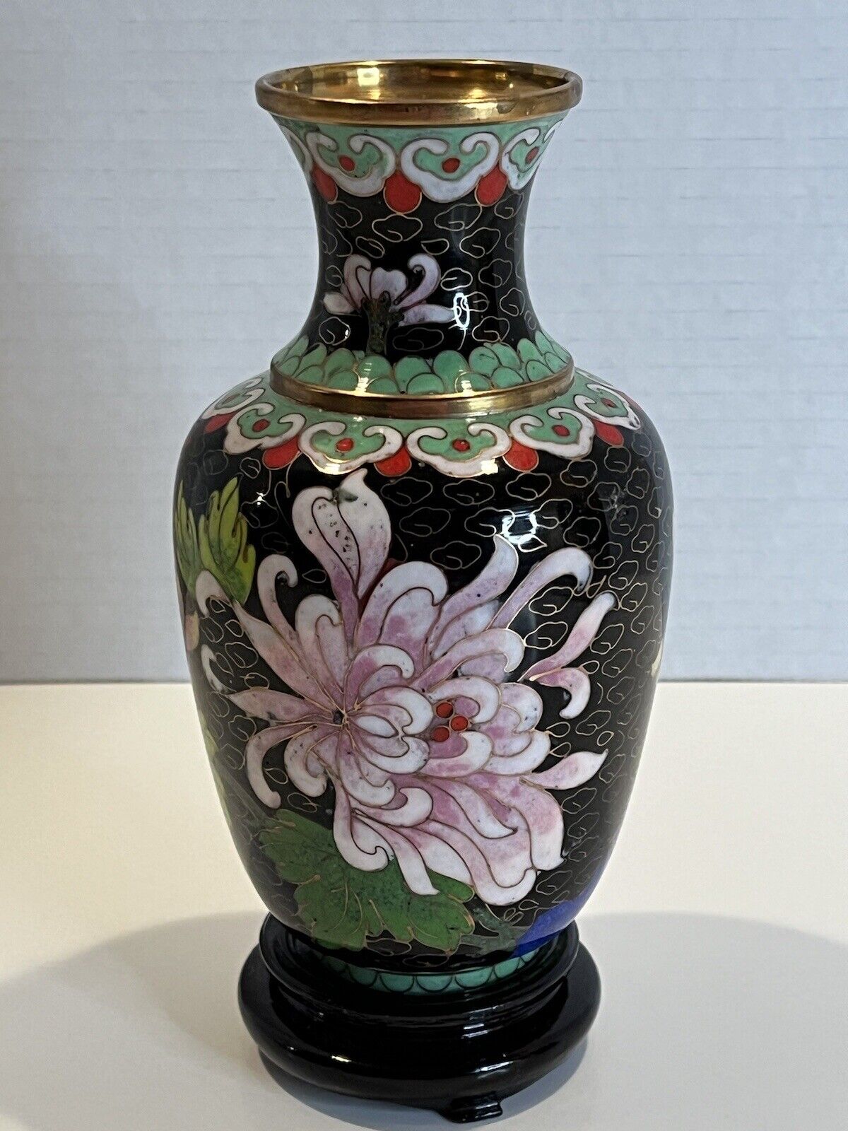 Elegant Vintage Enamelware Chinese Black Cloisonné Flowers Bird Brass Vase 