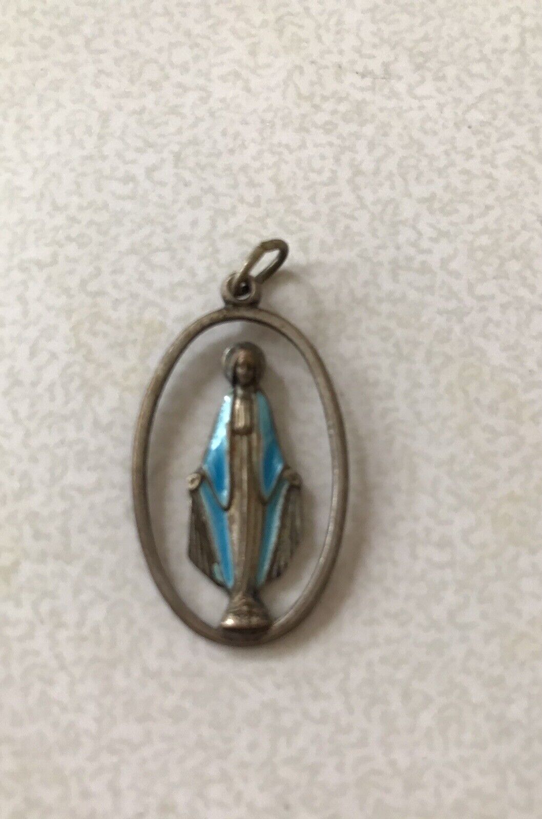 Vintage Catholic Sterling Silver Medal Blue Enamel  Mary