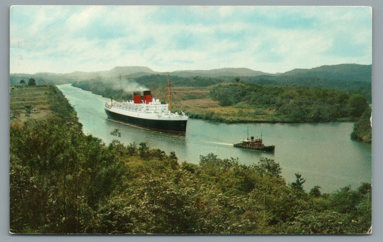 Ocean Liner Passing through Gaillard Cut Panama Canal Tug Postcard Posted 1959