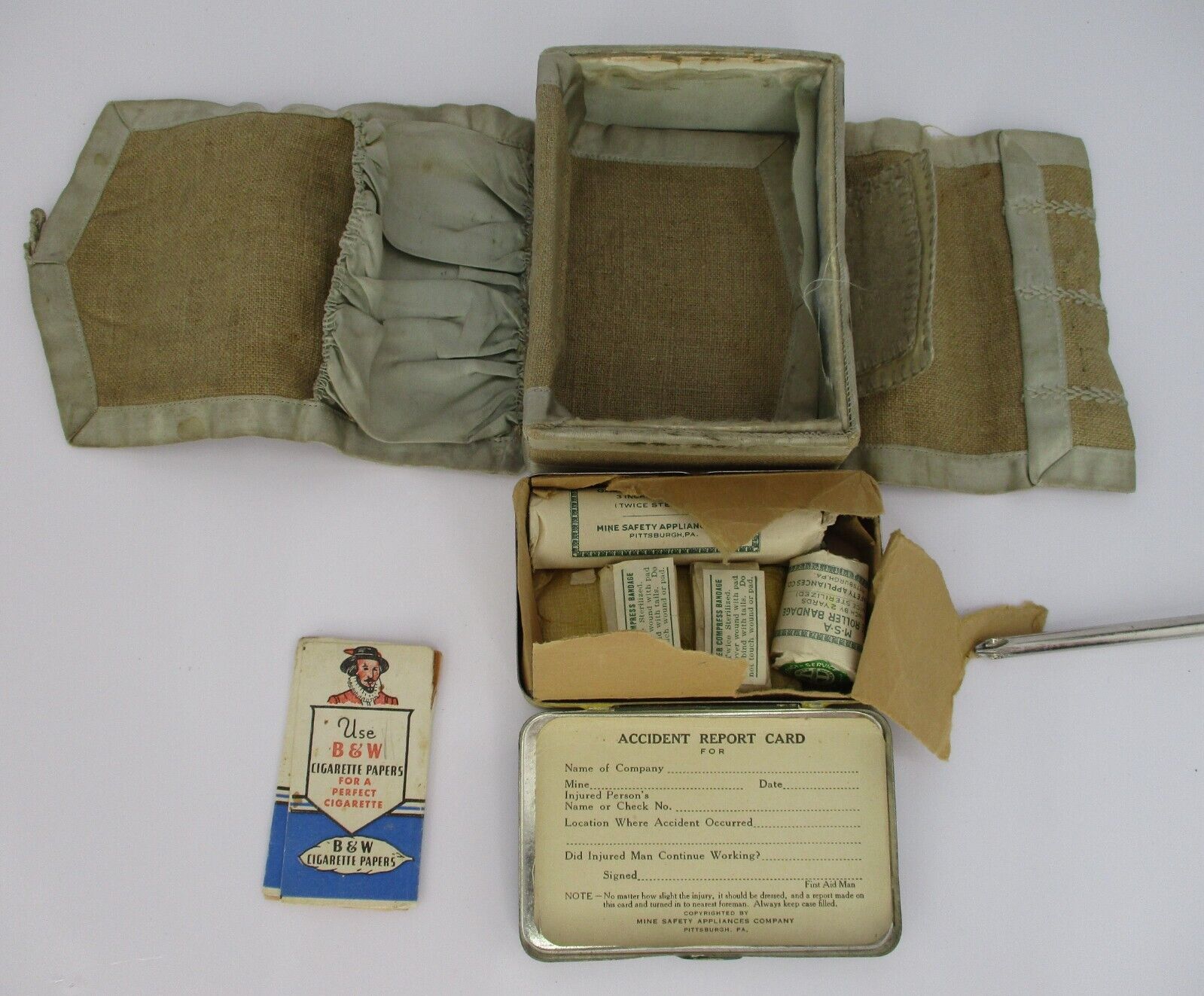 Vintage MSA Mine Safety Appliances First Aid Packet Tin Pittsburgh PA & Cloth Pk