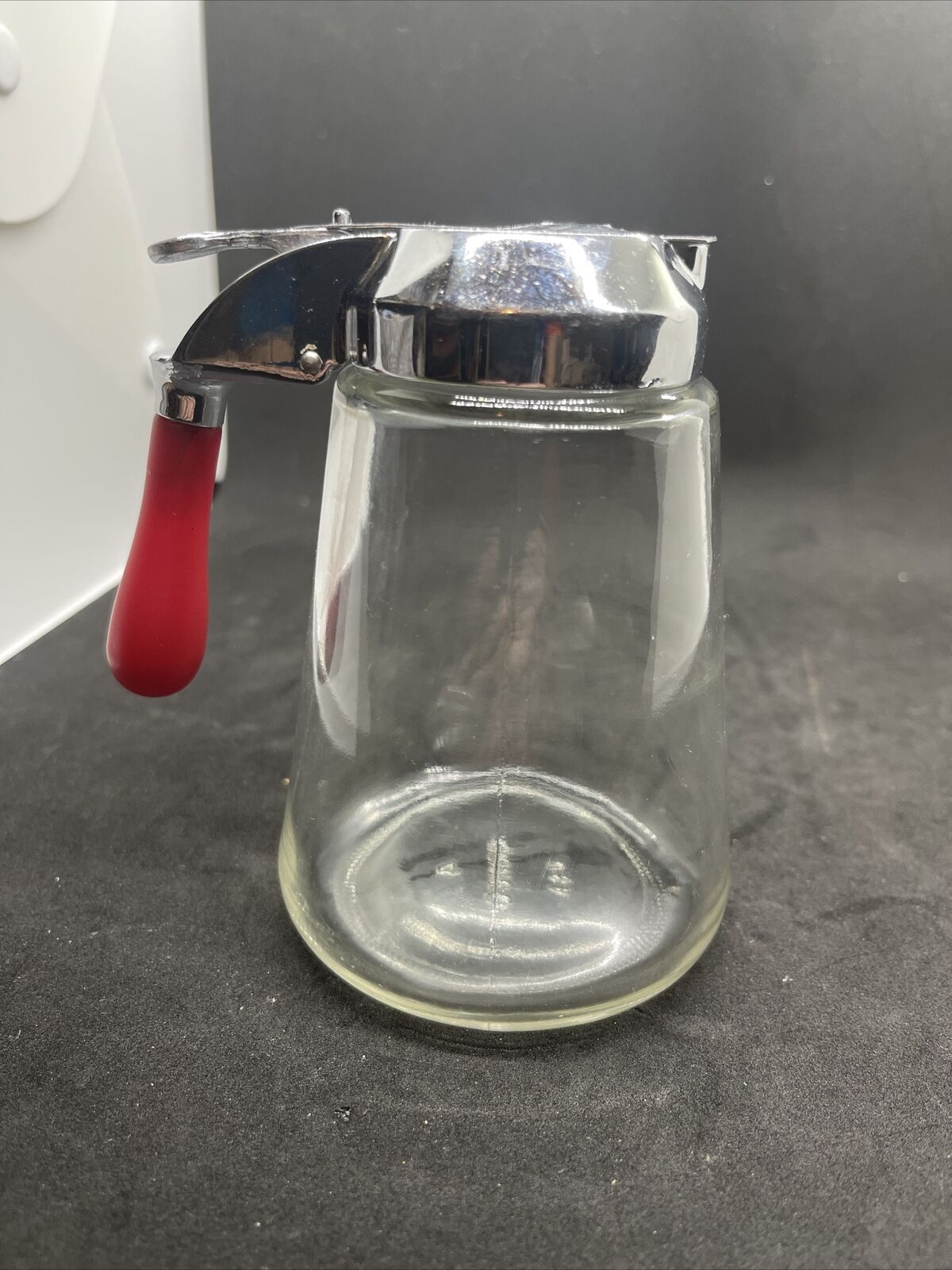 Vintage Gemco USA Glass Syrup Dispenser  With Red Handle 