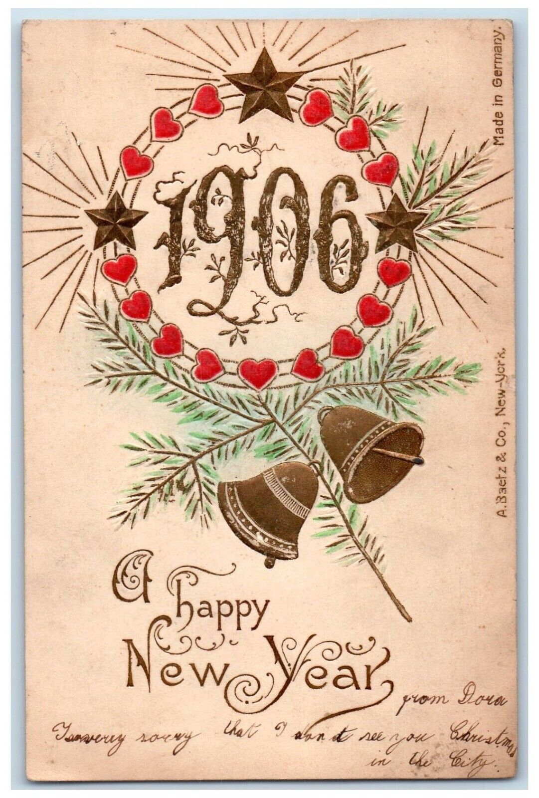 1906 Happy New Year Heart Ringing Bells Embossed New York NY Antique Postcard