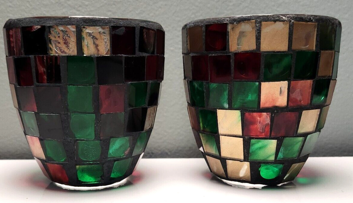 Vintage Pair Of Mosaic Stained Glass Votive Candle holders 3.25\'\'