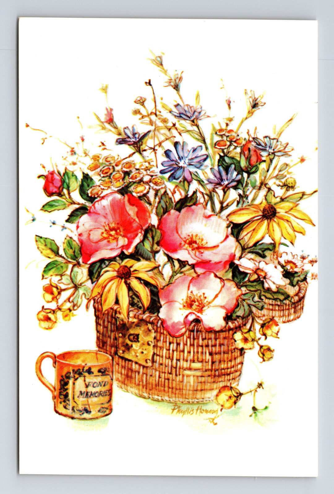 Flowers in a Basket Bouquet by Artist Phyllis Howard Postcard