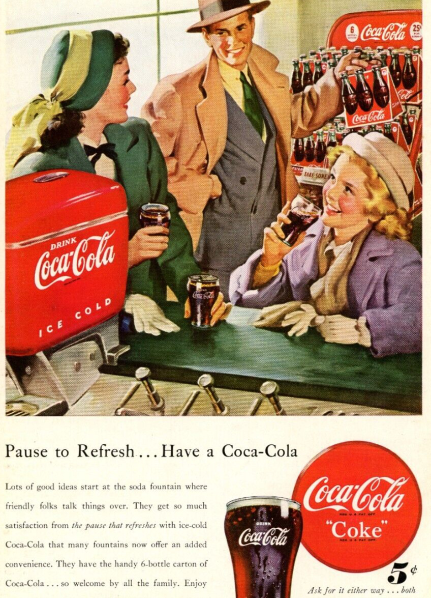 1948 COCA-COLA Print Ad Flirting Couple Girl Soda Shop Old Fashion Hats Pa11