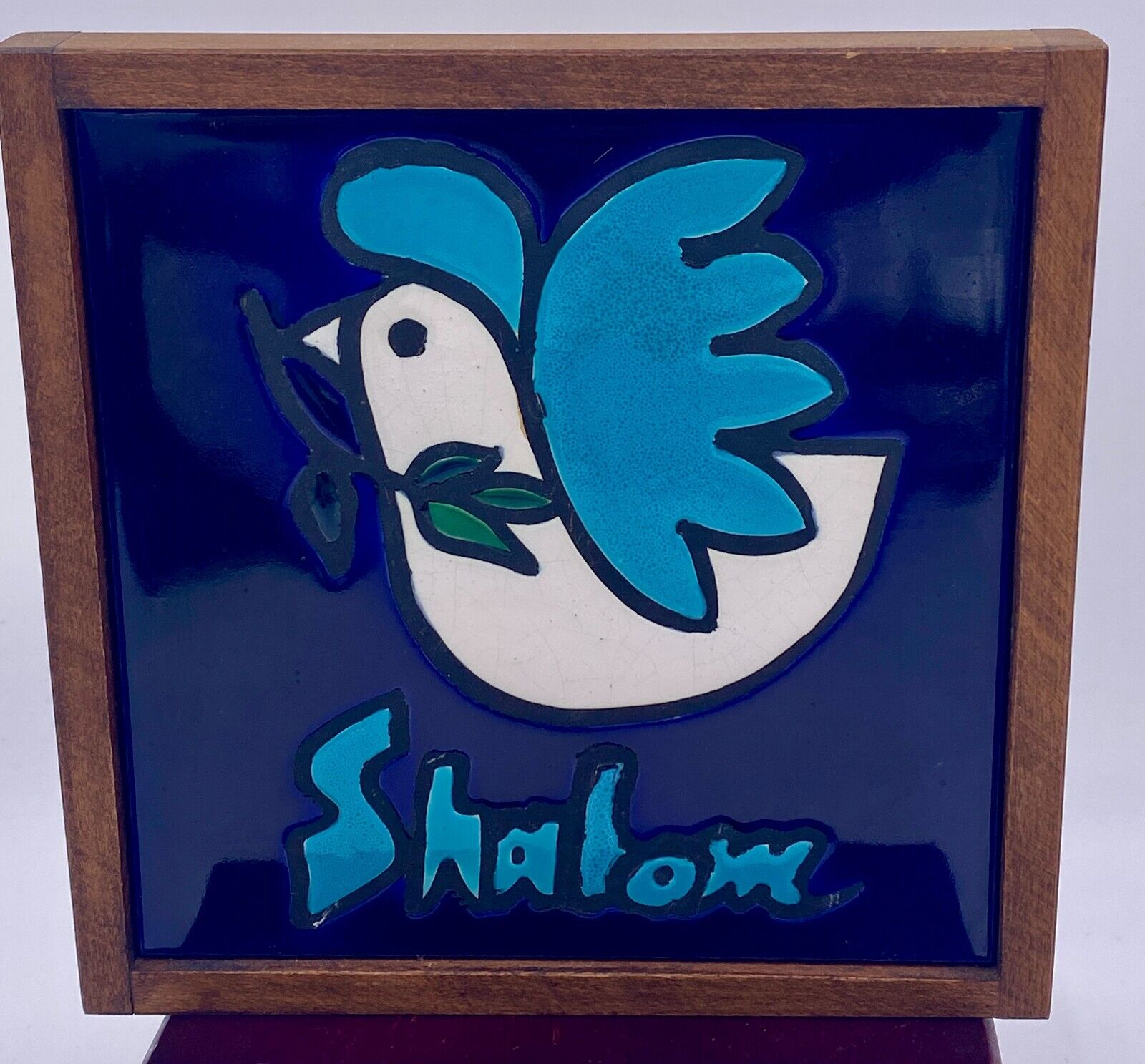 Shalom Peace Pottery Tile Ein Reb Art Ceramic Wooden Frame Judaica Made Israel