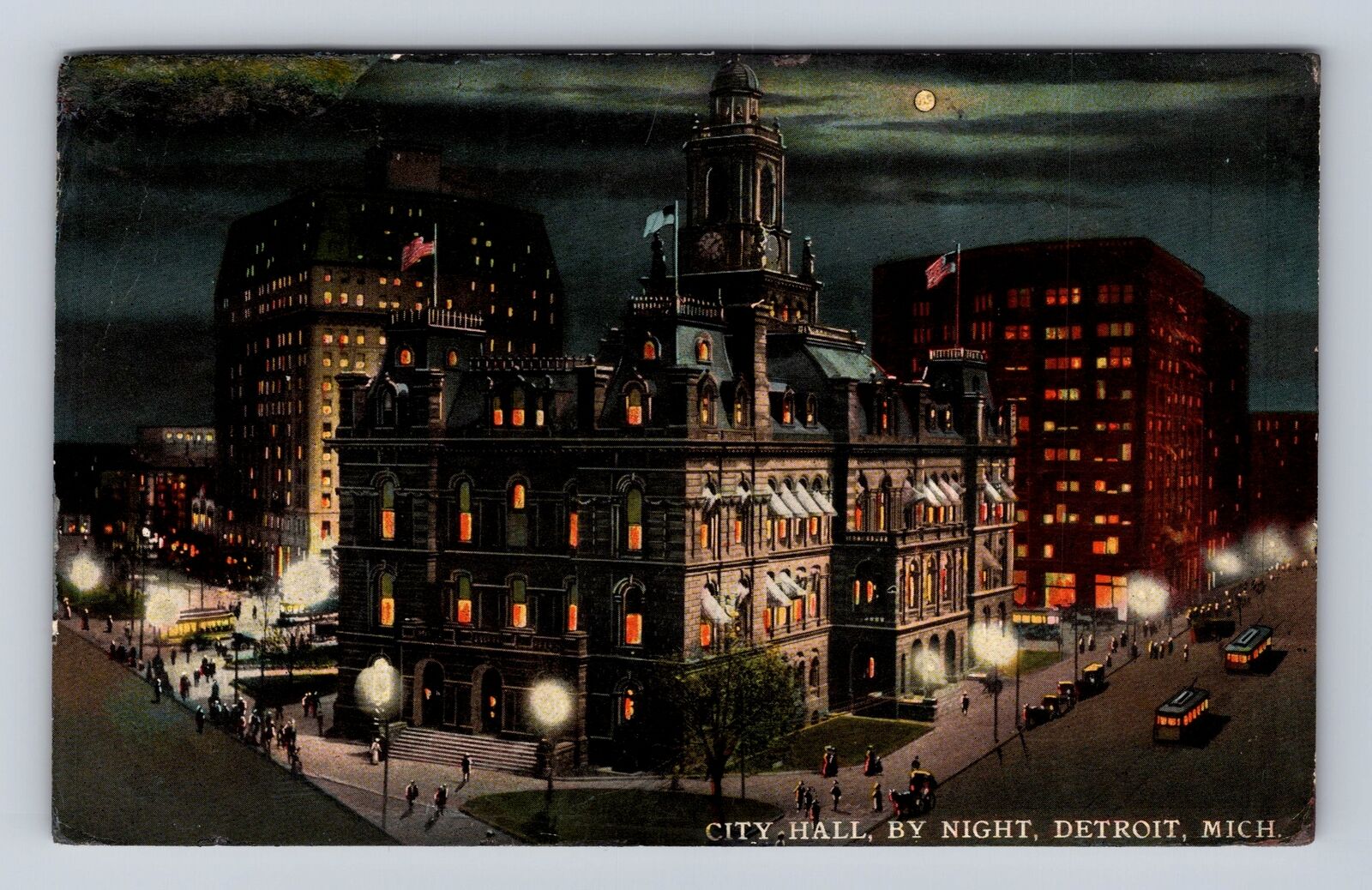 Detroit MI- Michigan, City Hall By Night, Antique, Vintage Souvenir Postcard