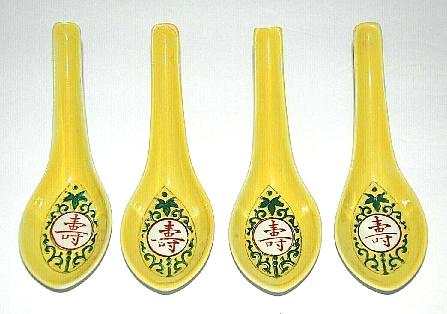 Japanese Chinese Soup Rice Spoons Asian Export Yellow Porcelain Utensil Set of 4