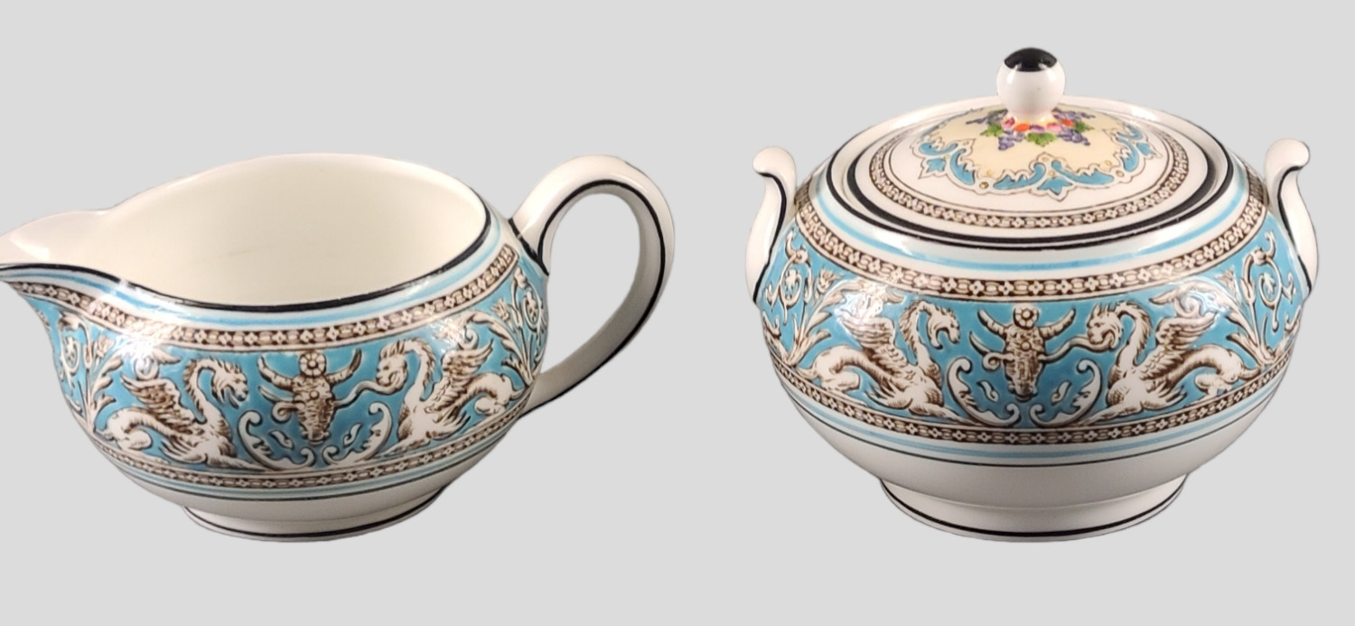 Vintage Wedgwood Bone China Florentine Turquoise Dragon Creamer & Sugar Bowl Set