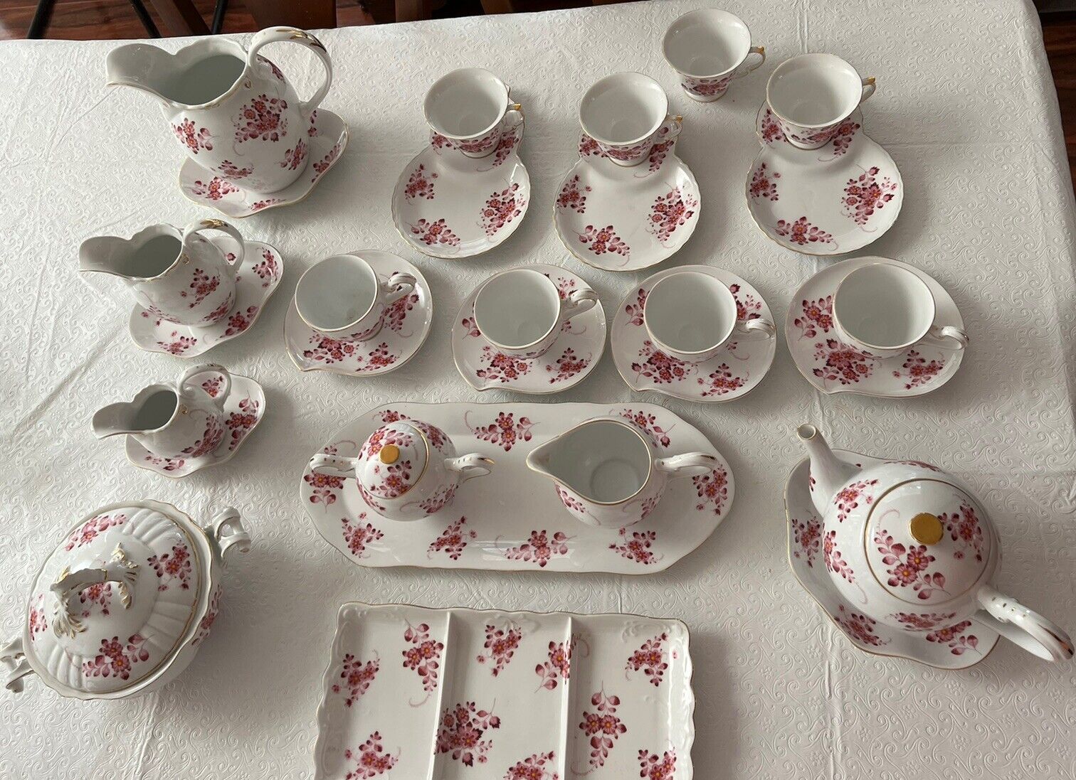 I. Godinger Pink Floral Tea Set.  28 Pieces Unknown pattern.