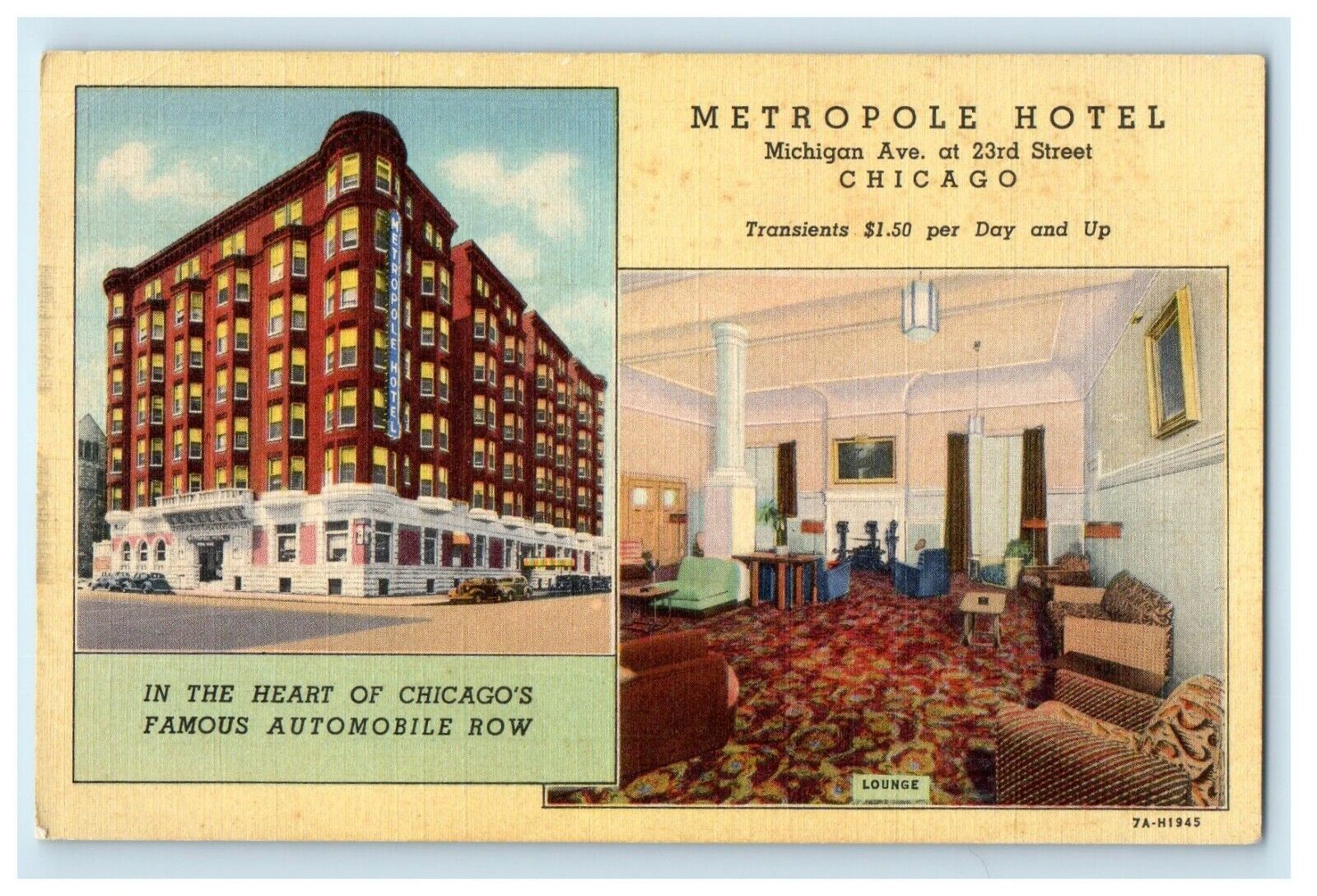 c1940's Metropole Hotel Lounge View Chicago Illinois IL Vintage Postcard