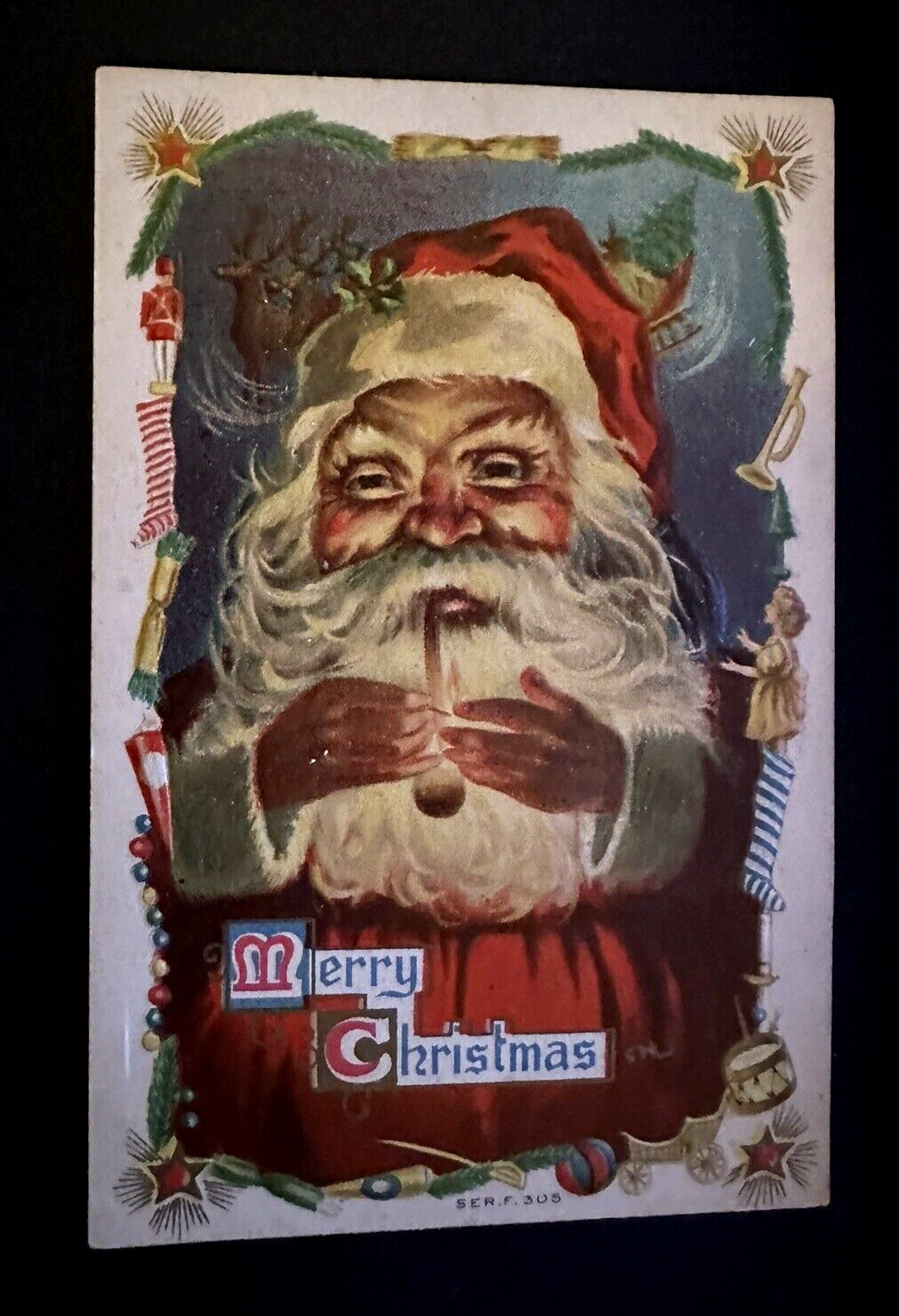 Santa Claus with Pipe~Toy Border~Antique Embossed Christmas~Postcard~h814