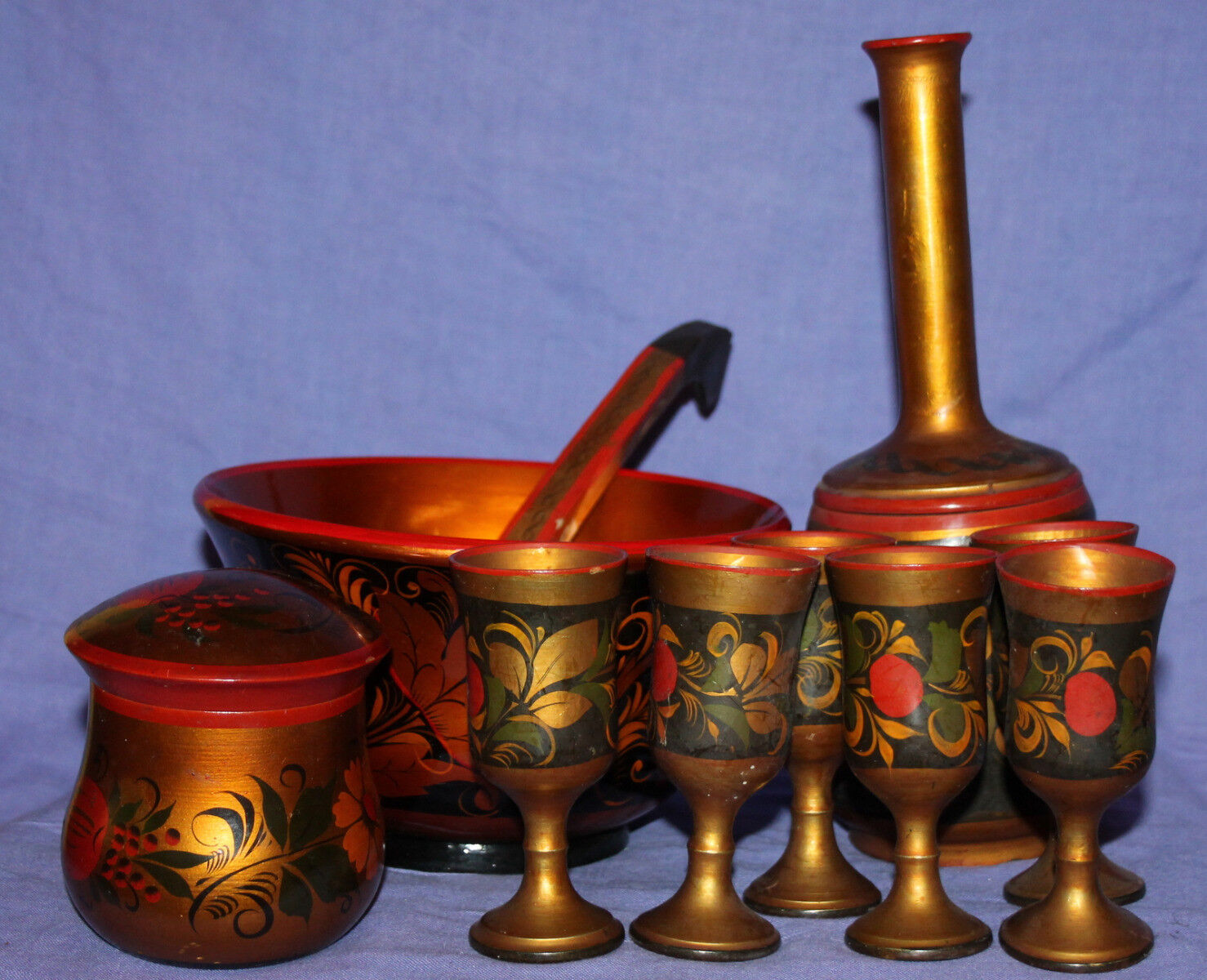Vintage Russian Khokhloma wood set bowl, spoon, bottle, canister & 6 goblets