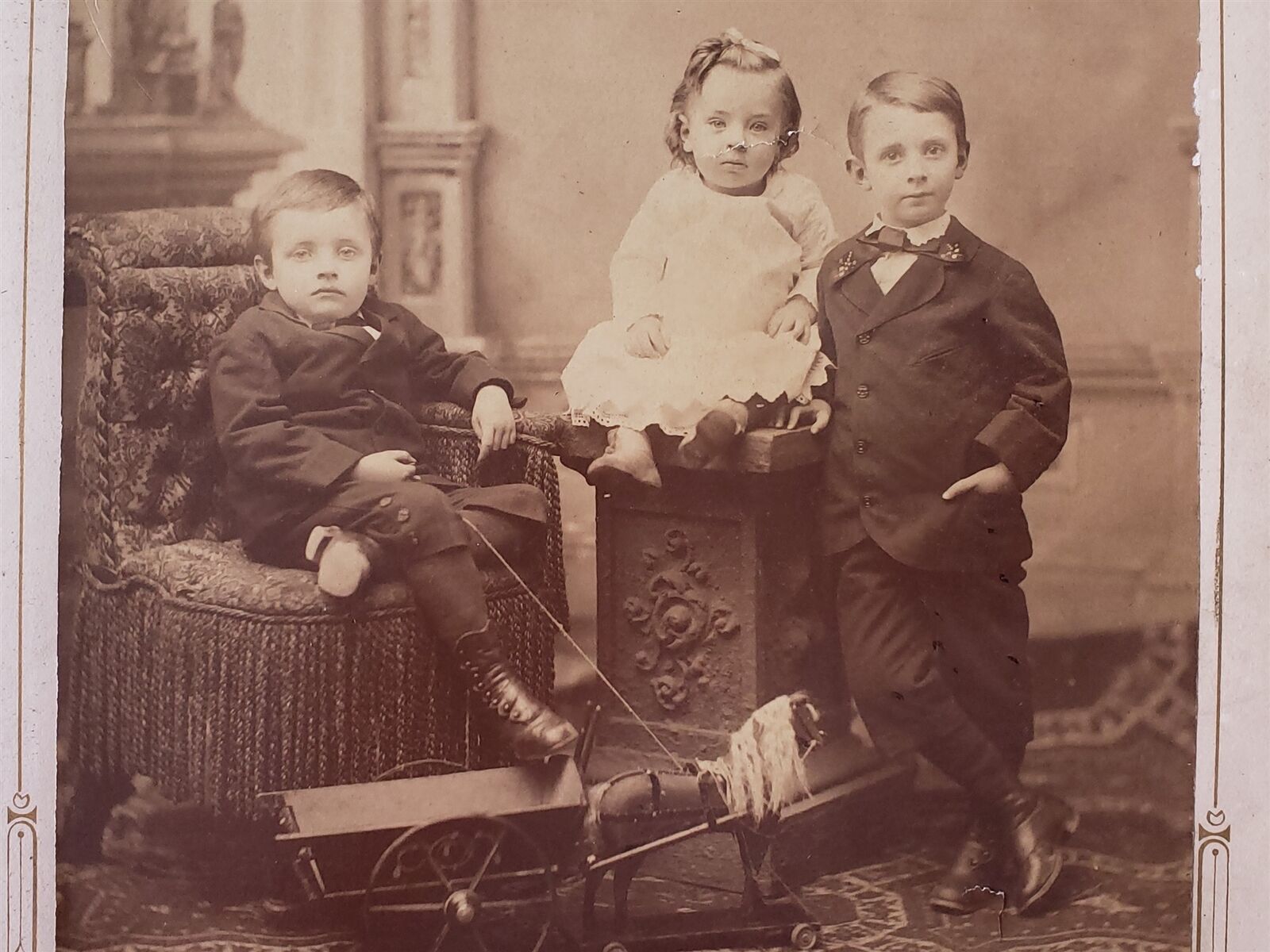 1882 antique HARRISBURG pa PHOTOGRAPH adorable CHILDREN TOY HORSE large id\'d