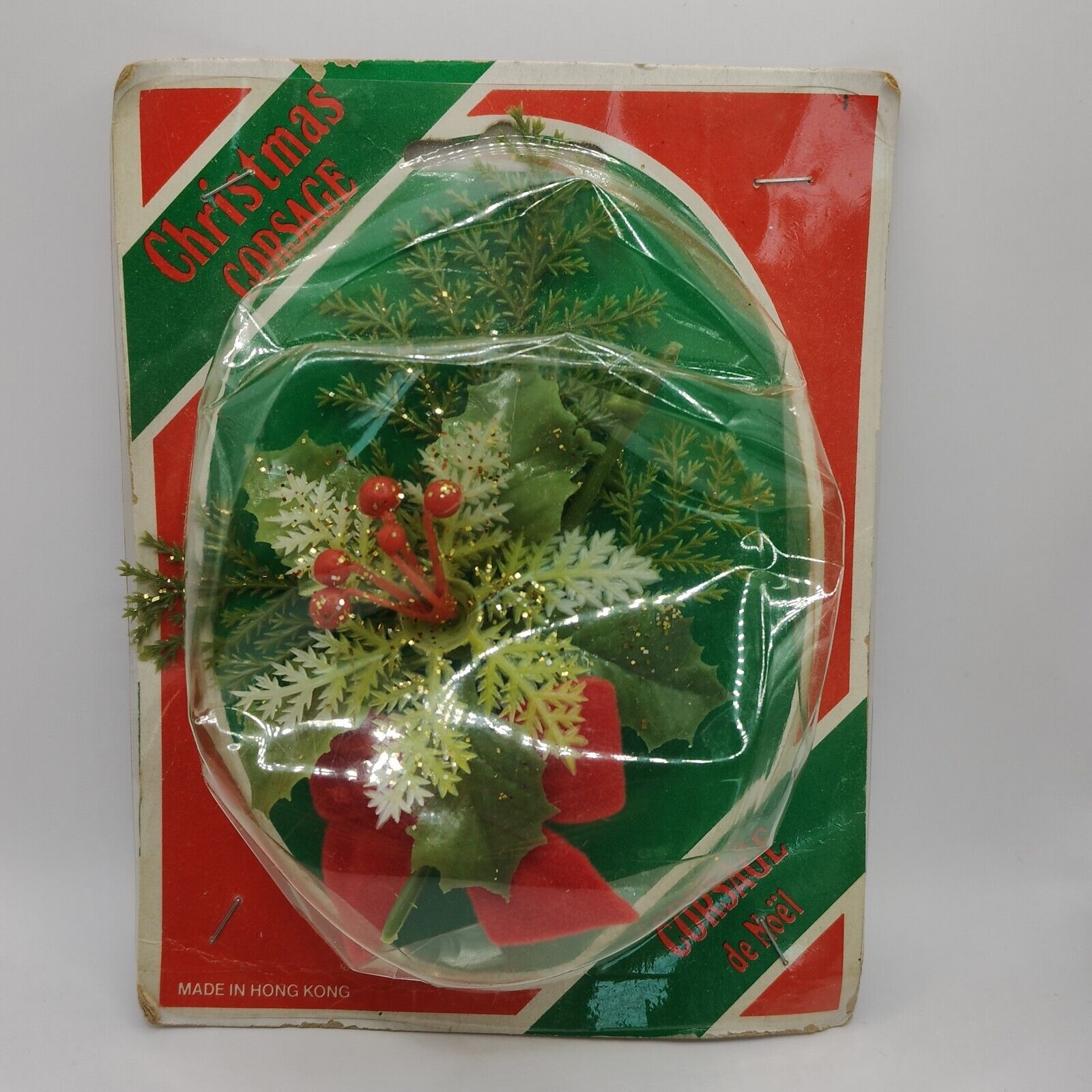 Kitschy Vintage Christmas Corsage Plastic Greenery Flocked Red Bow Hong Kong