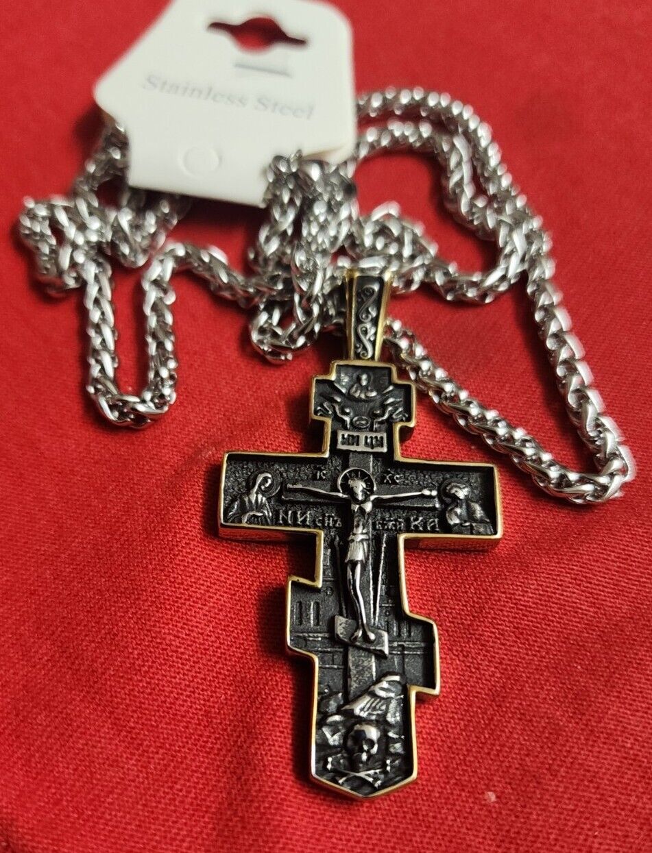  Russian Orthodox Crucifix Cross Pendant Necklace Stainless Steel Men Gift