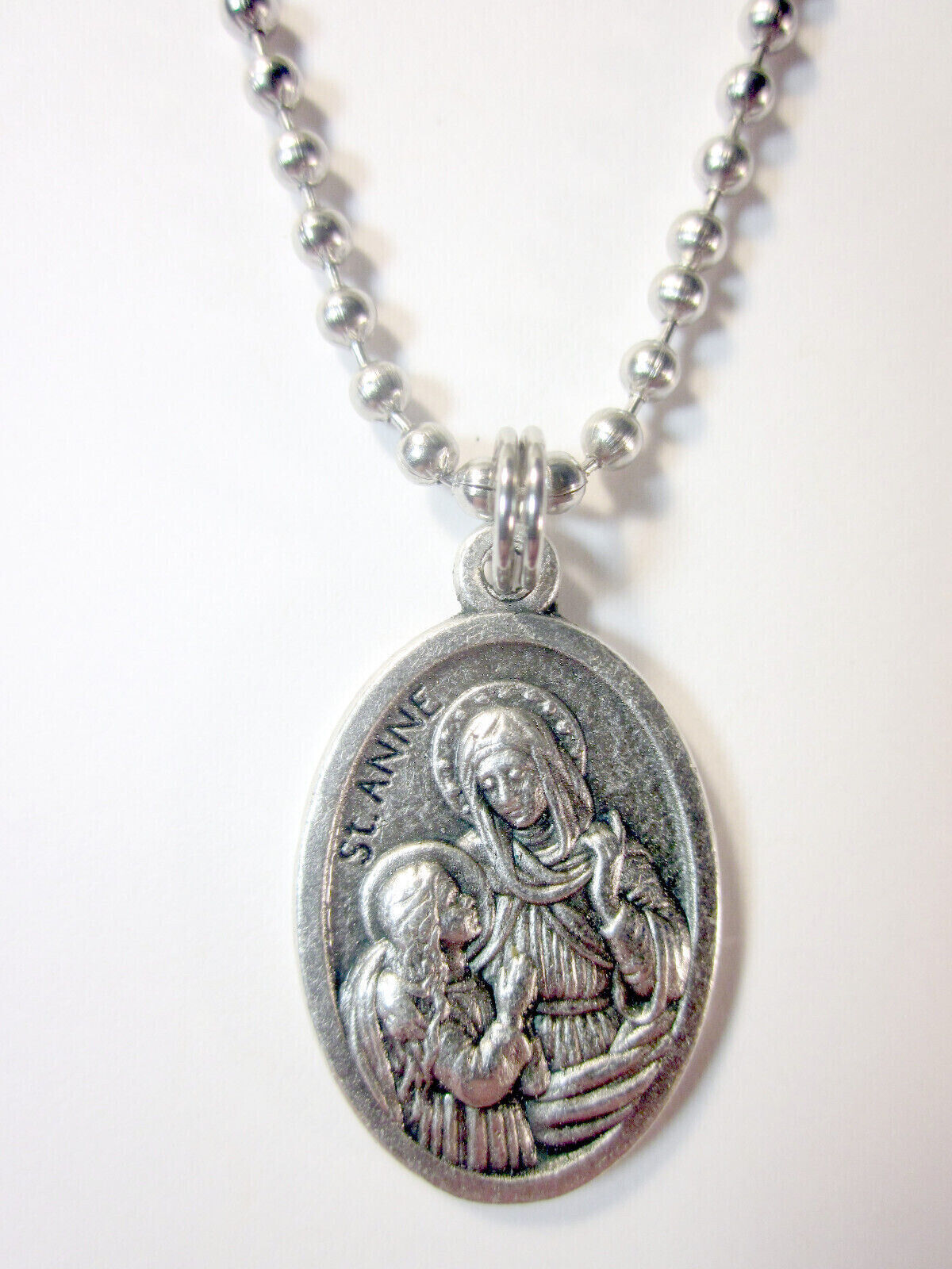 St Saint Ann Anne medal necklace stainless steel ball chain+ prayer card lot