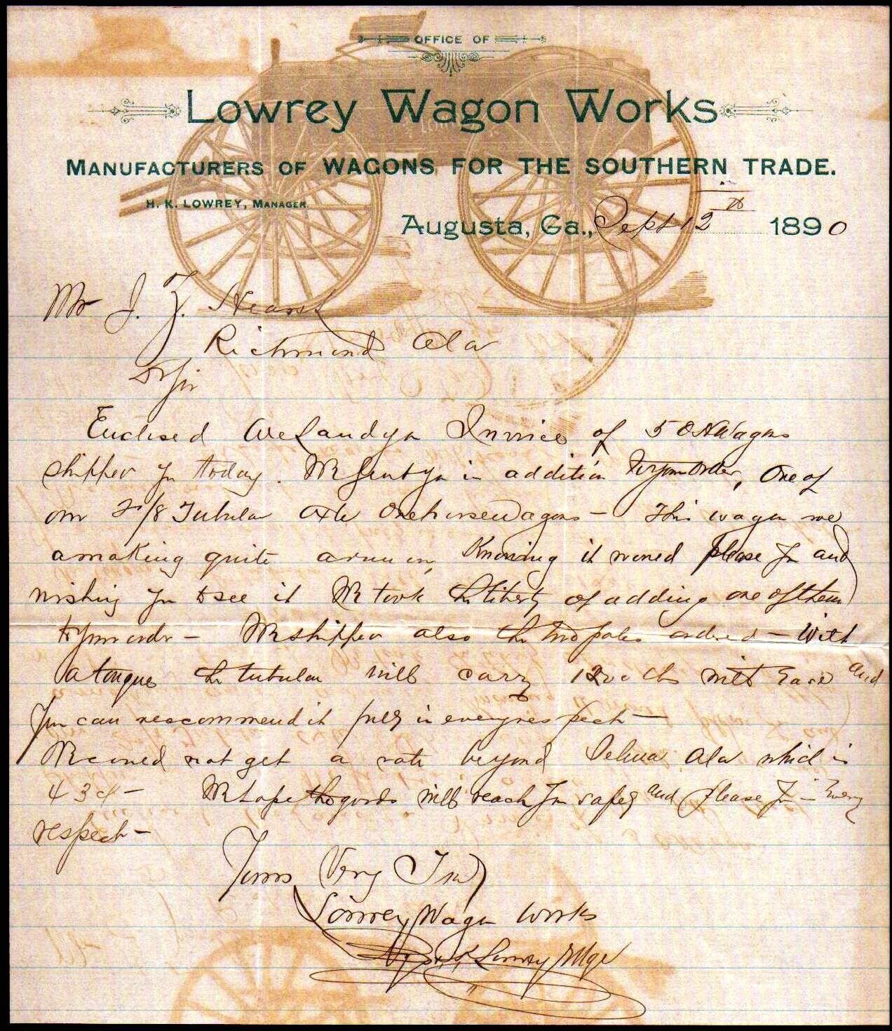 1890 Augusta Ga - Lowrey Wagon Works - Rare Letter Head Bill