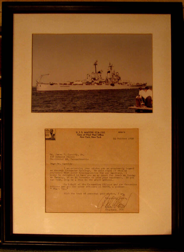 1958 U.S. NAVY HEAVY CRUISER SHIP USS MACON CA-132 FRAMED SIGNED LETTER & PHOTO