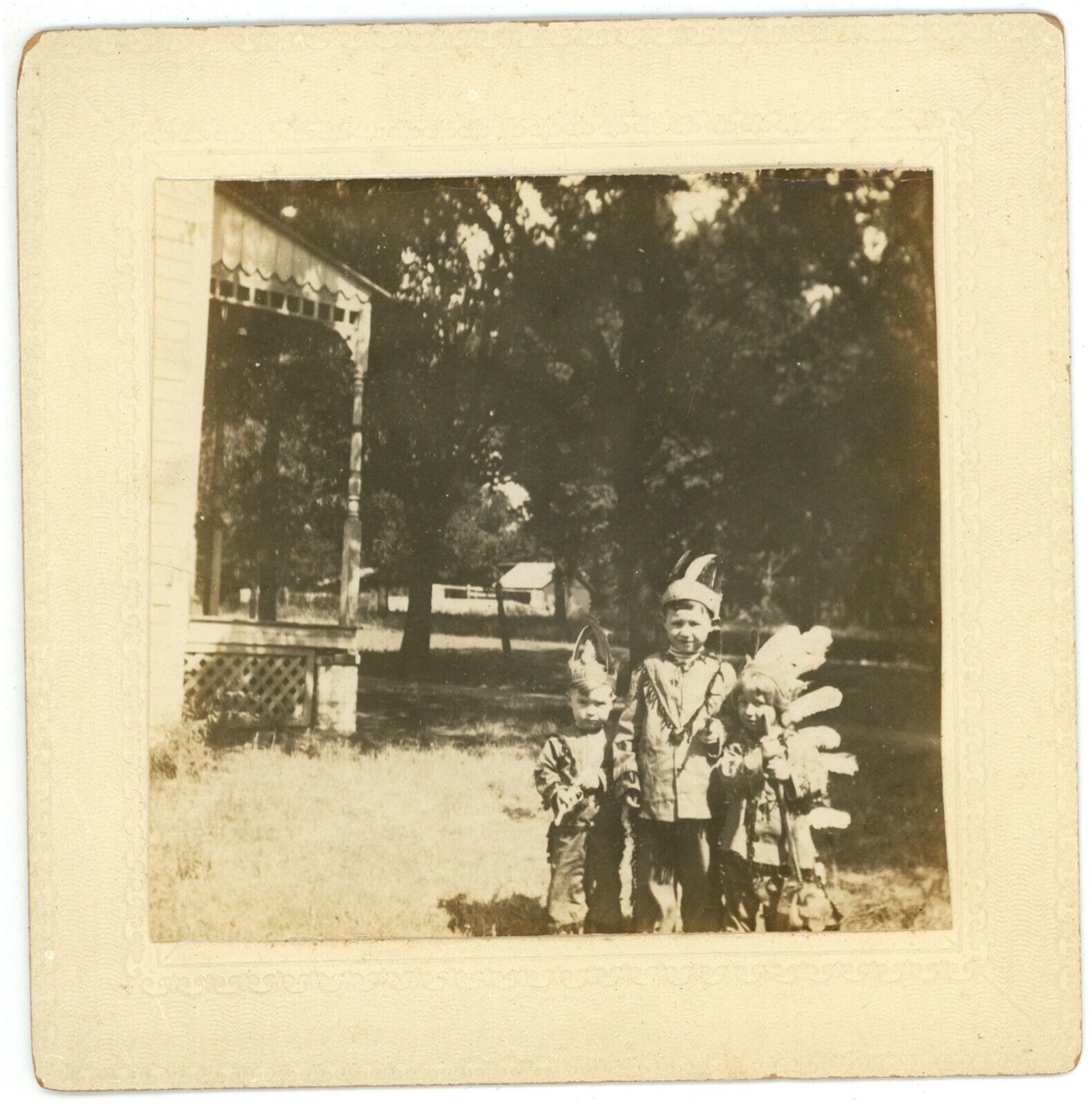 Antique c1900s Square Cabinet Card Three Children in Native American Costume