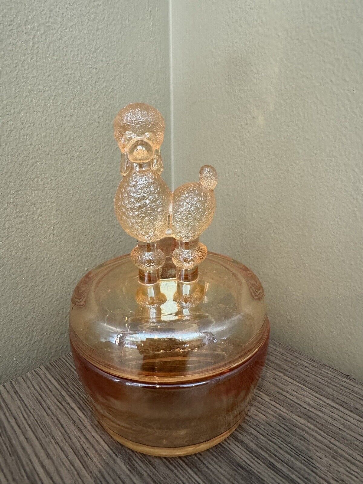Vintage Jeanette Carnival Glass Poodle Vanity Powder Jar - Iridescent