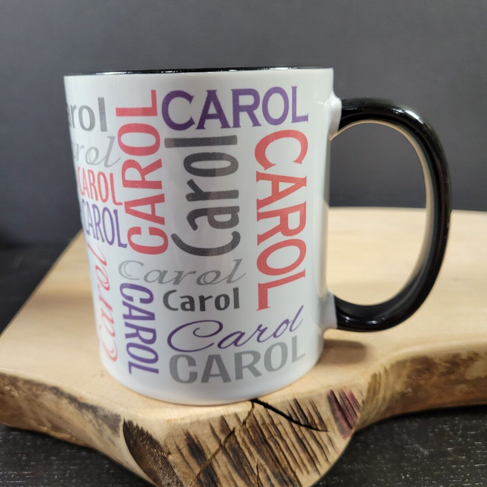 CAROL Personalized Coffee Mug Cup Name White Black Handle Orca Coatings Novelty