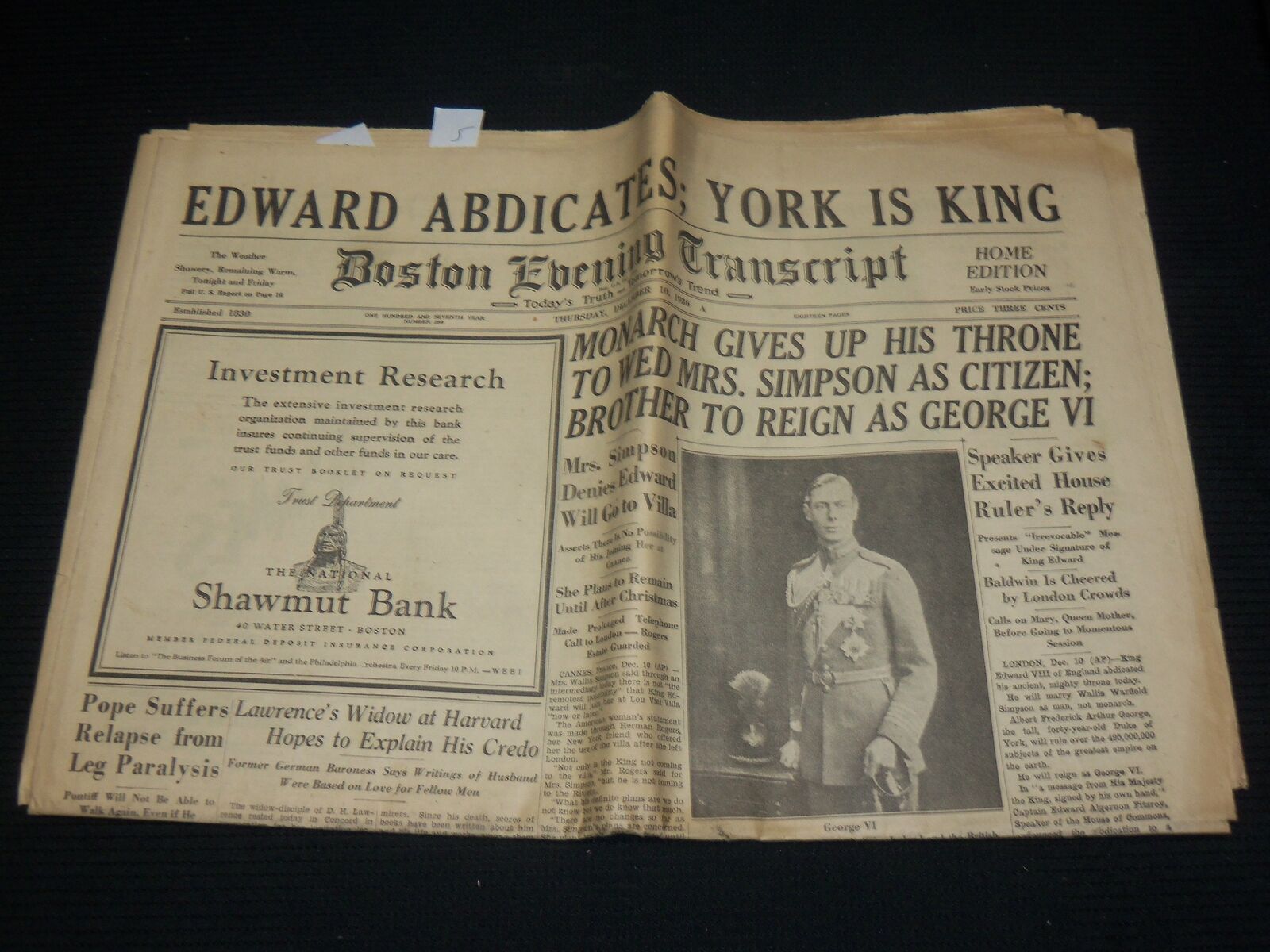 1936 DECEMBER 10 BOSTON TRANSCRIPT NEWSPAPER - EDWARD ABDICATES - NP 4251R
