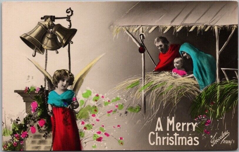 1910s MERRY CHRISTMAS Gel Postcard Nativity Scene / Angel - Hand-Colored Unused
