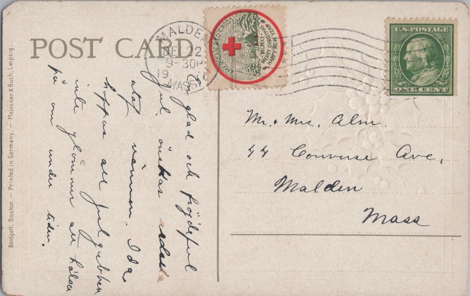 1911 Christmas Seal Tied to Postcard Flag Cancel