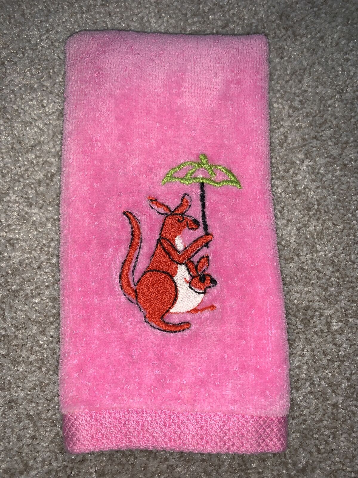 Vintage Spring maid Fingertip Hand Towel Bright Pink Embroidered Kangaroo & Joey