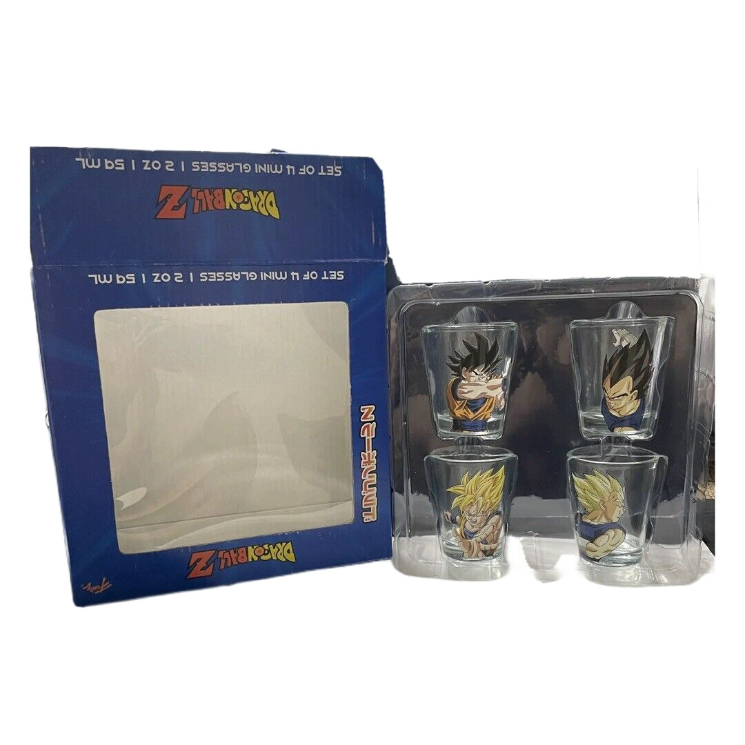 Dragon Ball Z, Set of 4 Mini transparent Drinking Glasses 2 oz each New In Box